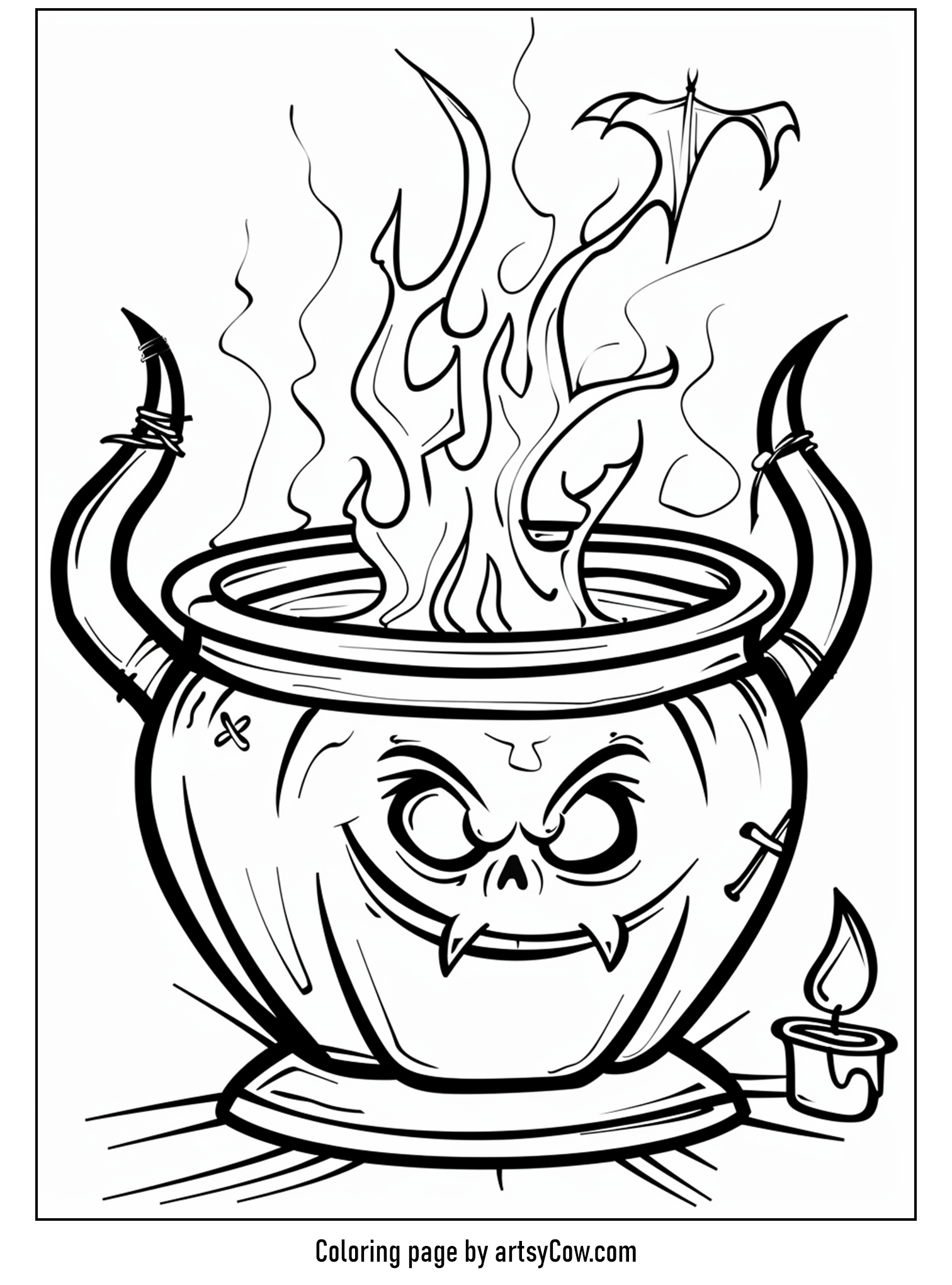 scary halloween coloring pages, featuring a spooky witch’s cauldron with a malevolent face, flames, and eerie details
